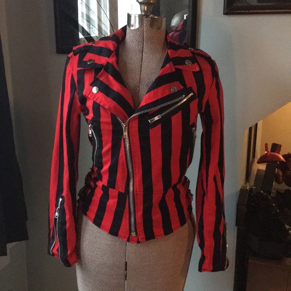 Red and Black Striped Moto Jacket by Mercy Small